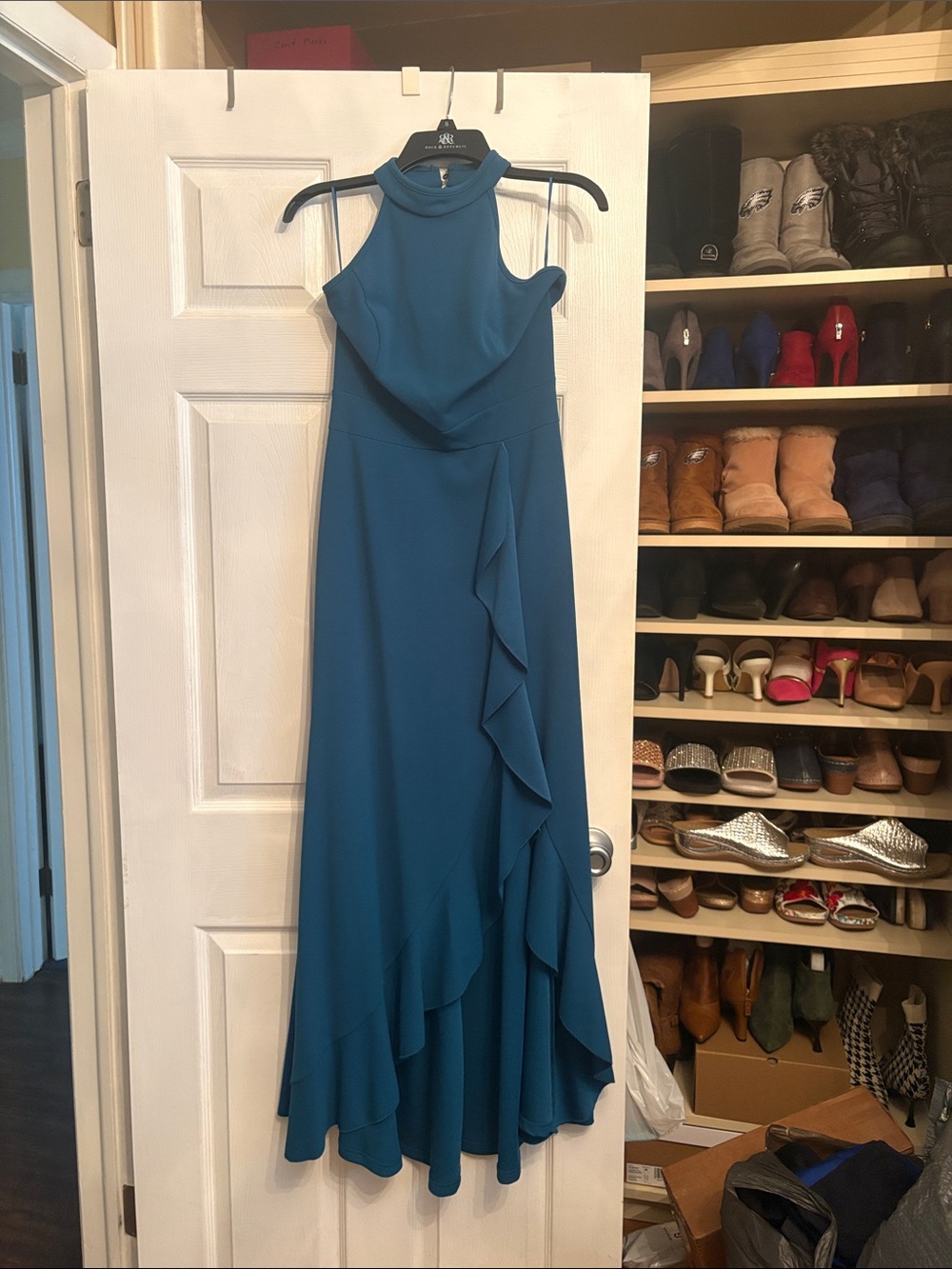 Sleeveless Teal Ruffle-Trim Maxi Dress